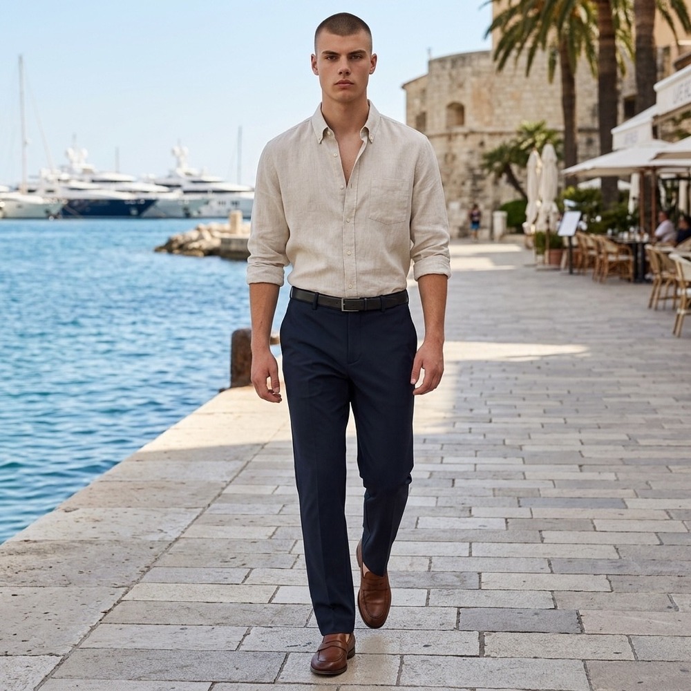 Sene Mens Tech Chino Pants Navy Blue Tailored Fit Size 34x27 EUC